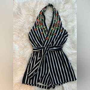 Judith March floral embroidered striped halter romper Size M